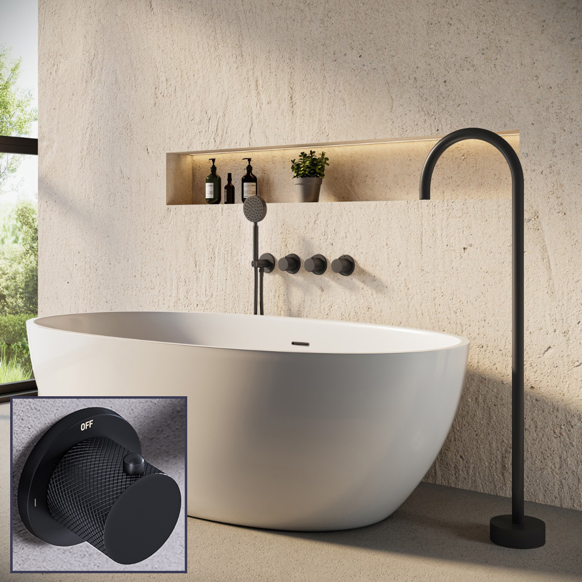 Saniclear Plus Curved inbouw badkraan met vrijstaande uitloop zwart mat