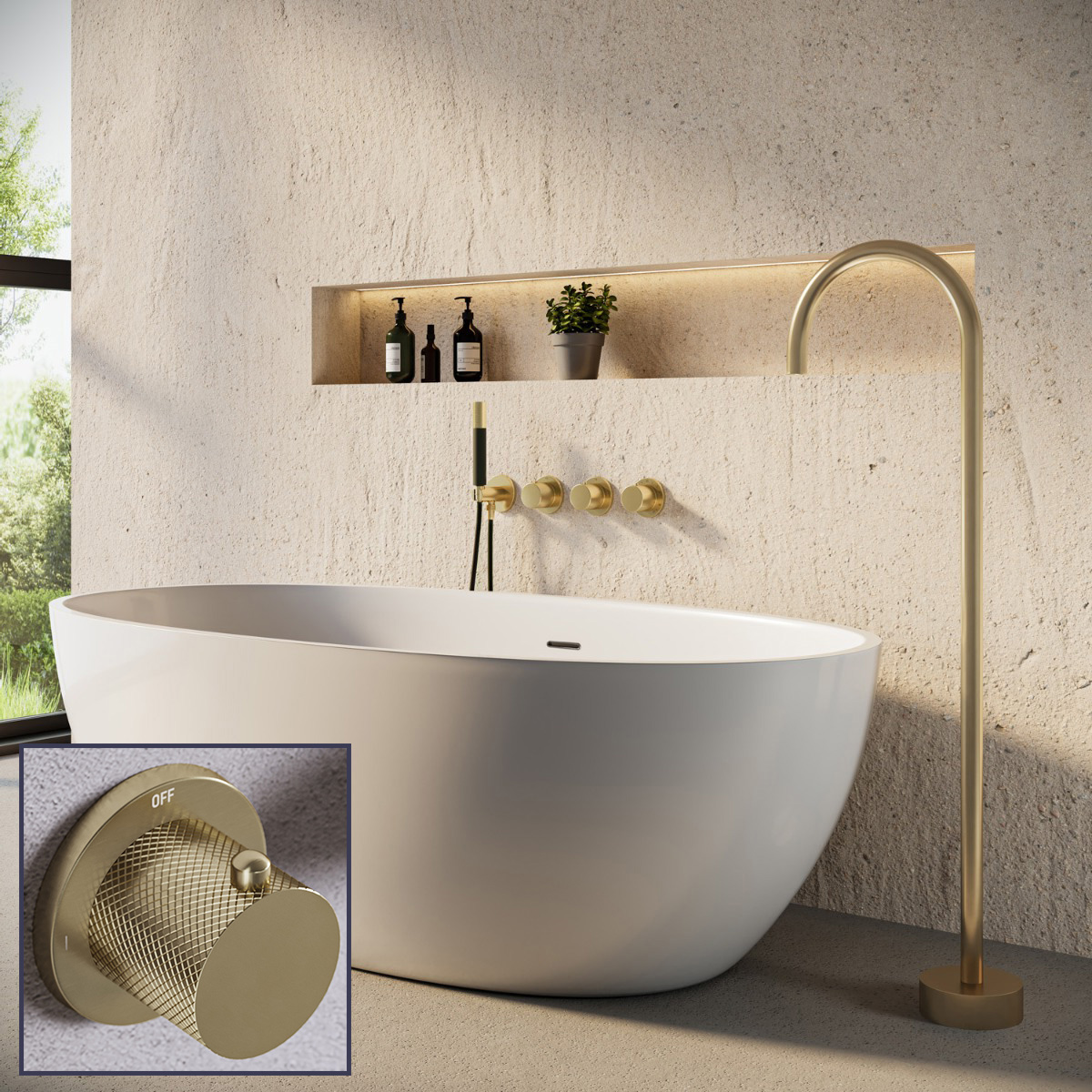 Saniclear Plus Curved Pro inbouw badkraan met vrijstaande uitloop geborsteld messing - mat goud