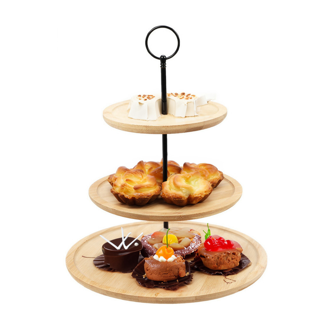 Excellent Houseware Etagere bamboe hout - 3-laags - presenteer/serveer schalen - D28 x H40 cm - high tea -
