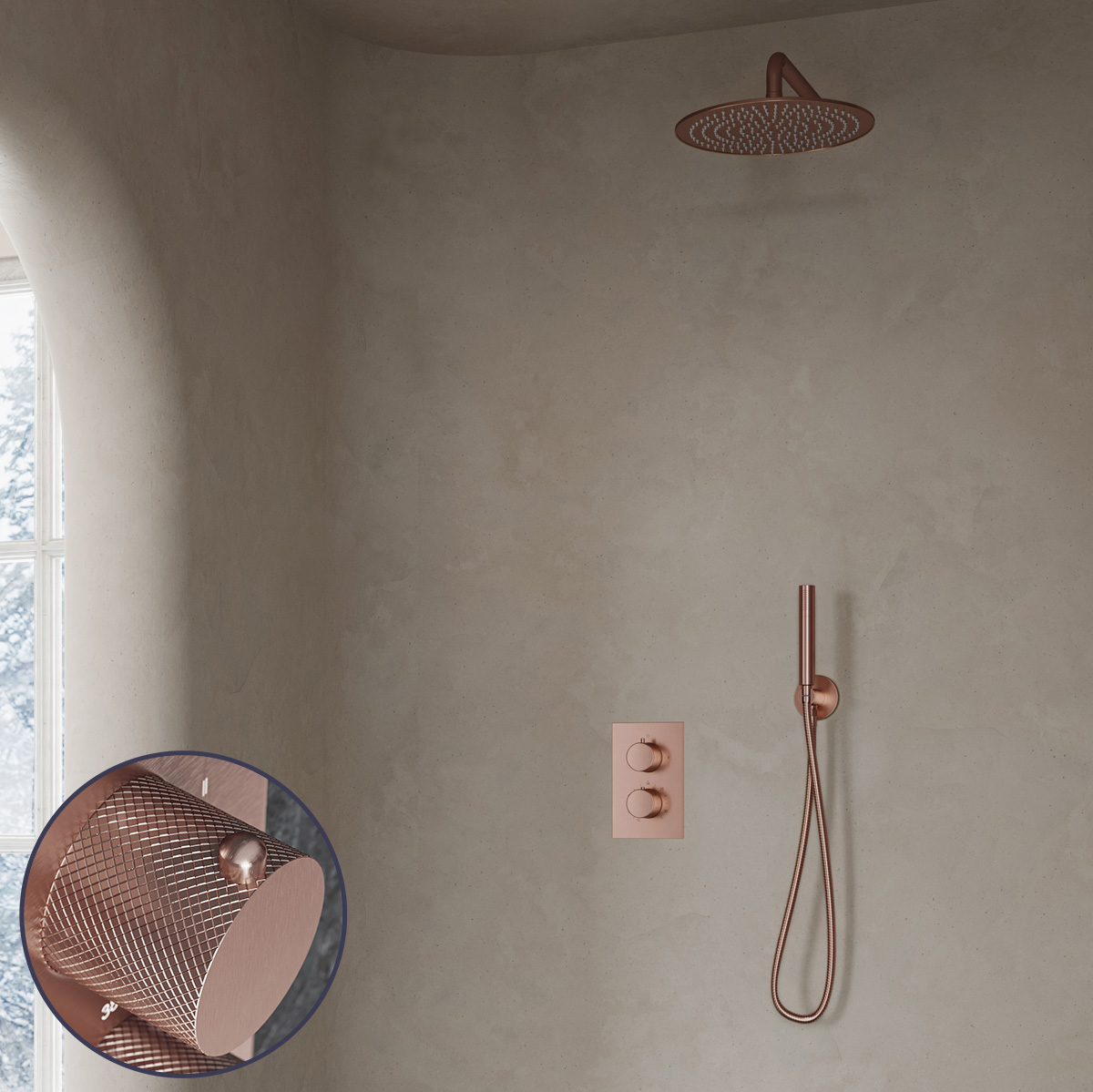 Saniclear Copper Curved inbouw regendouche met 30cm hoofddouche en muurarm geborsteld koper