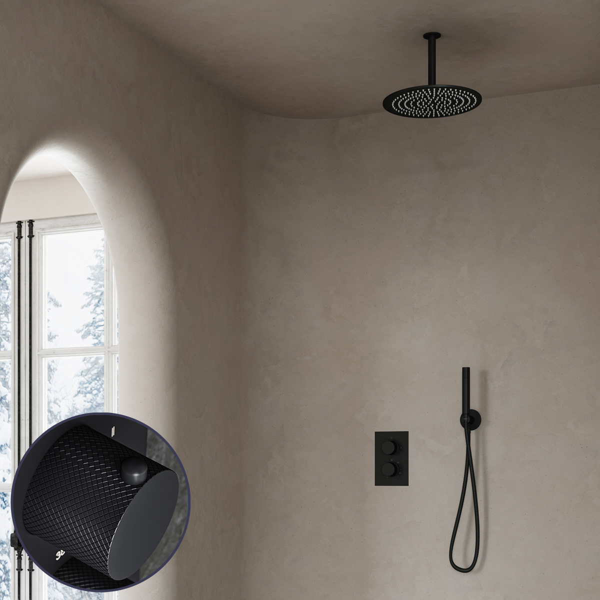 Saniclear Nero Curved inbouw regendouche met 30cm hoofddouche en plafondarm zwart mat