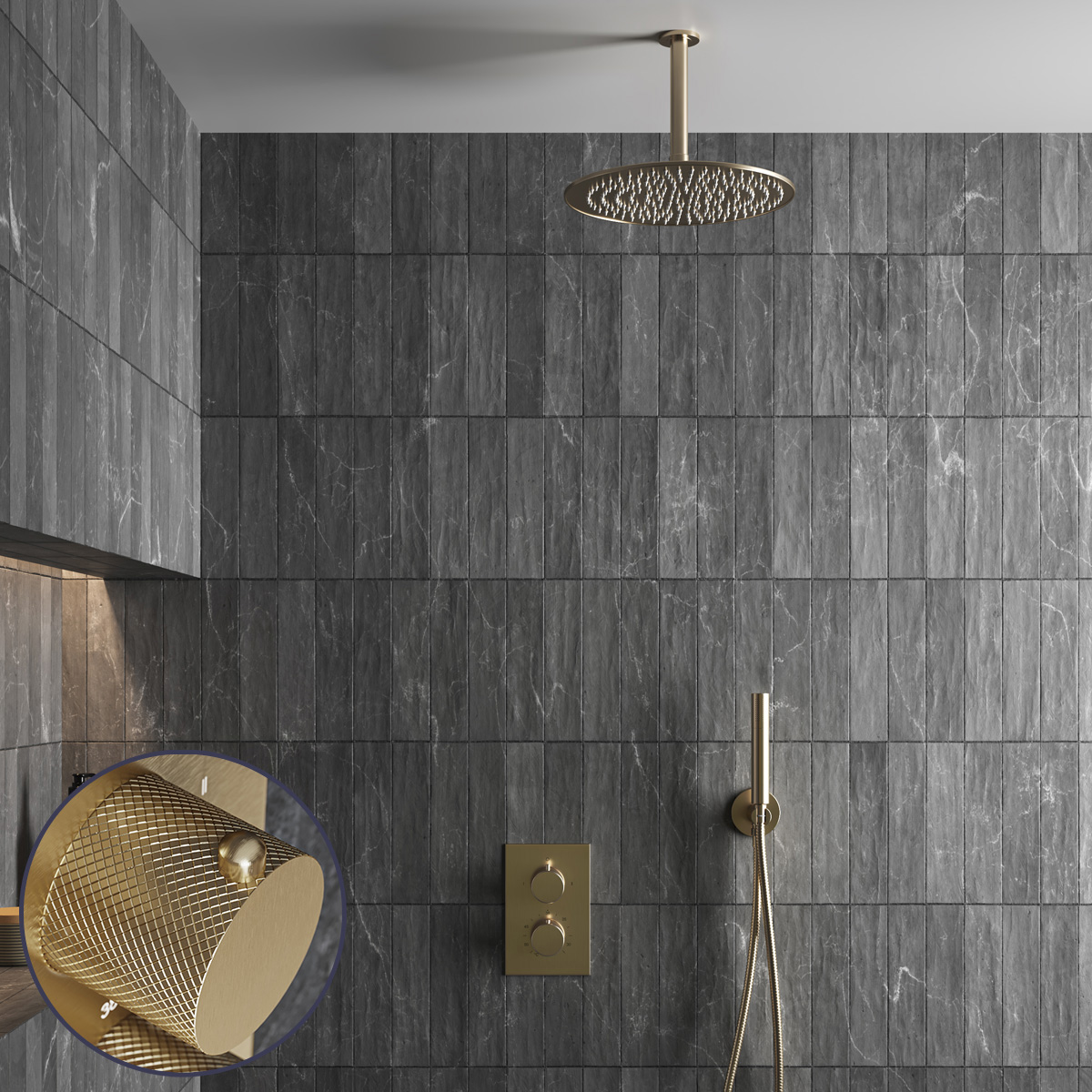 Saniclear Brass Curved inbouw regendouche met 30cm hoofddouche en plafondarm geborsteld messing - mat goud