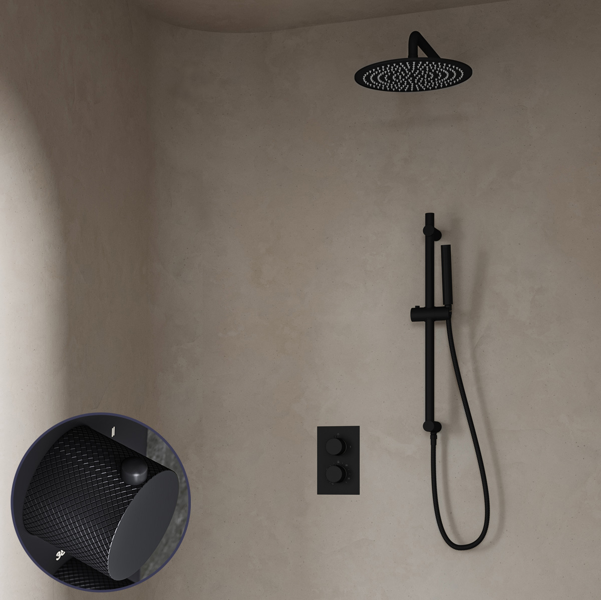 Saniclear Nero Curved inbouw regendouche met 30cm hoofddouche, muurarm en glijstang zwart mat