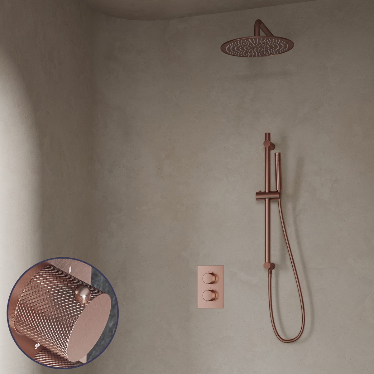 Saniclear Copper Curved inbouw regendouche met 30cm hoofddouche, muurarm en glijstang geborsteld koper