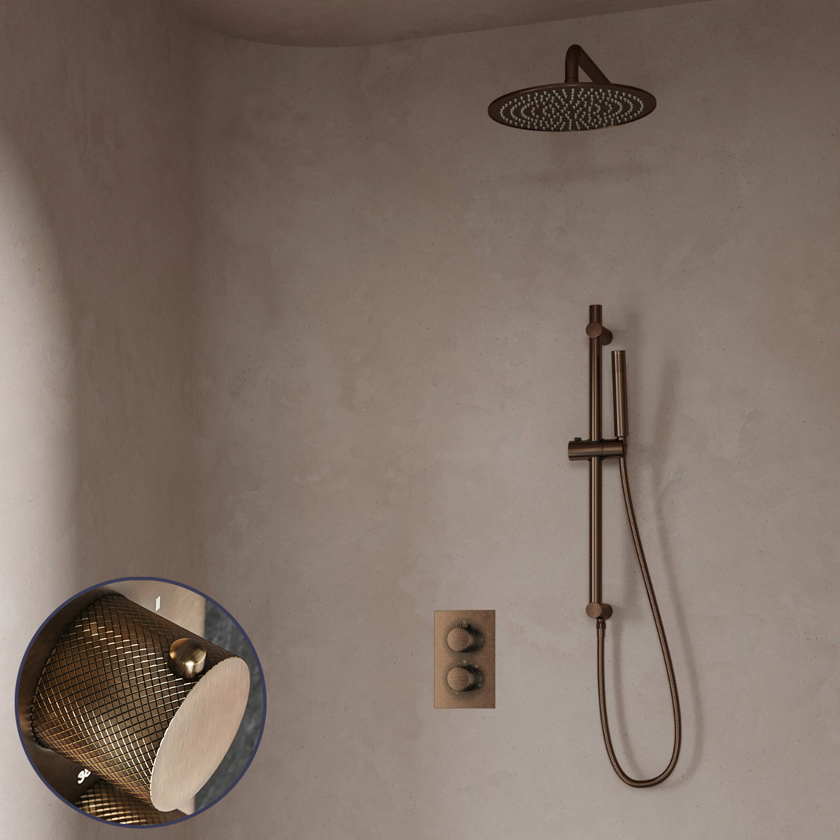 Saniclear Antique Curved inbouw regendouche met 30cm hoofddouche, muurarm en glijstang verouderd messing