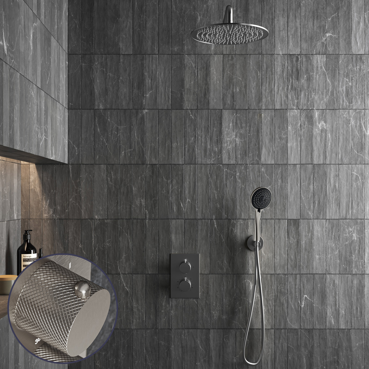 Saniclear Exclusive Curved inbouw regendouche met 20cm hoofddouche, muurarm en 3 standen handdouche RVS