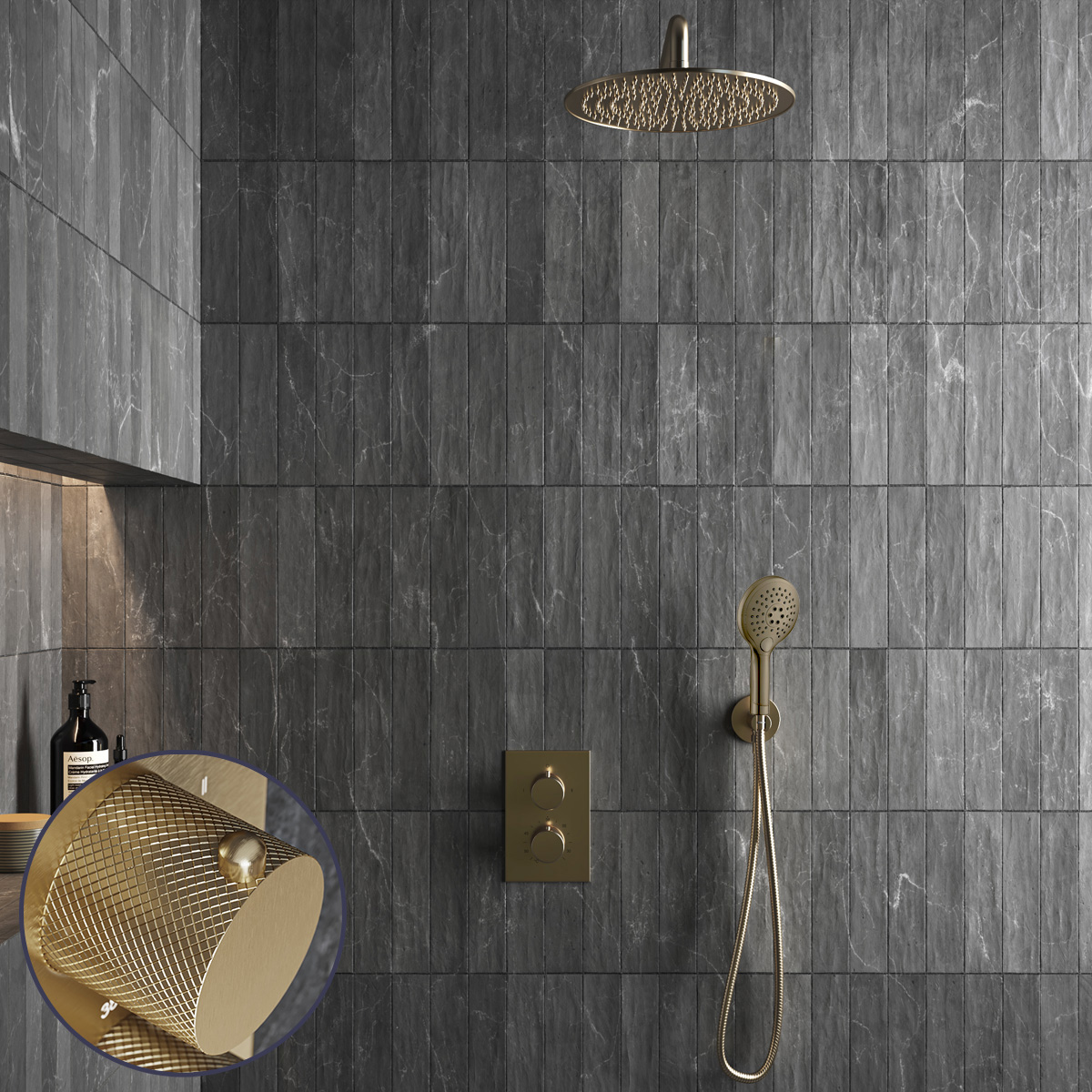 Saniclear Brass Curved inbouw regendouche met 30cm hoofddouche, muurarm en 2 standen handdouche geborsteld messing - mat goud