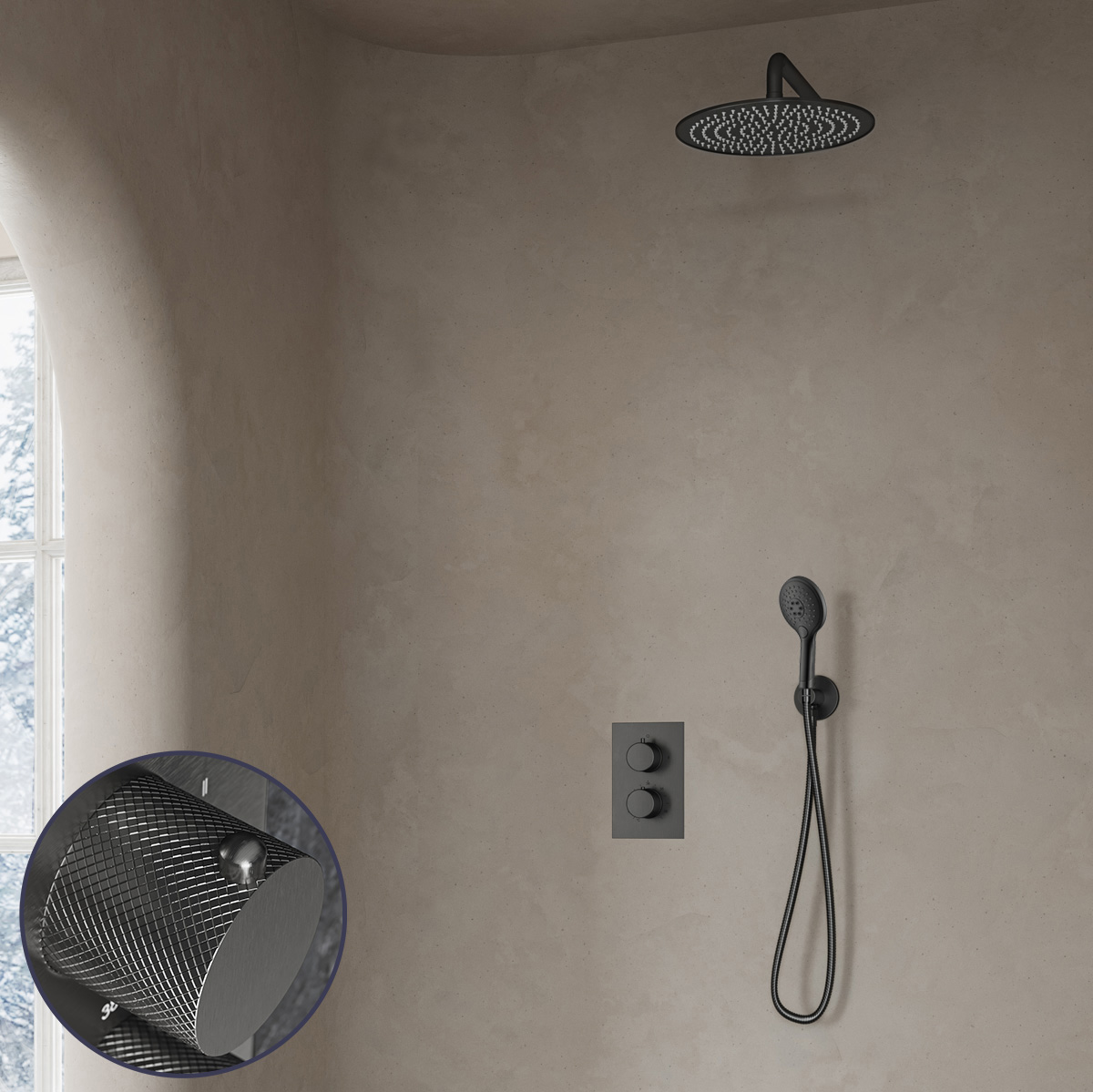 Saniclear Iron Curved inbouw regendouche met 30cm hoofddouche, muurarm en 2 standen handdouche verouderd ijzer - gunmetal