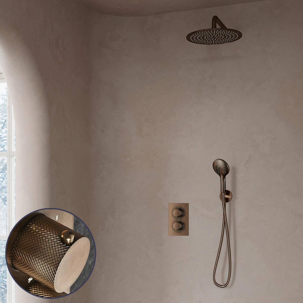 Saniclear Antique Curved inbouw regendouche met 30cm hoofddouche, muurarm en 2 standen handdouche verouderd messing