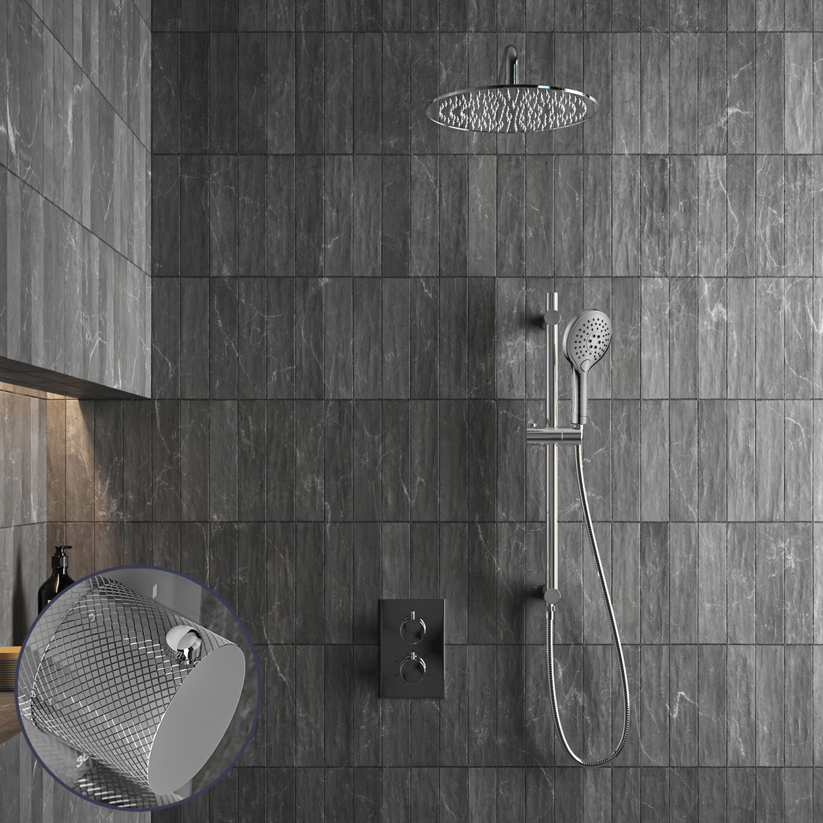 Saniclear Talpa Curved inbouw regendouche met 20cm hoofddouche, muurarm, 2 standen handdouche en glijstang chroom