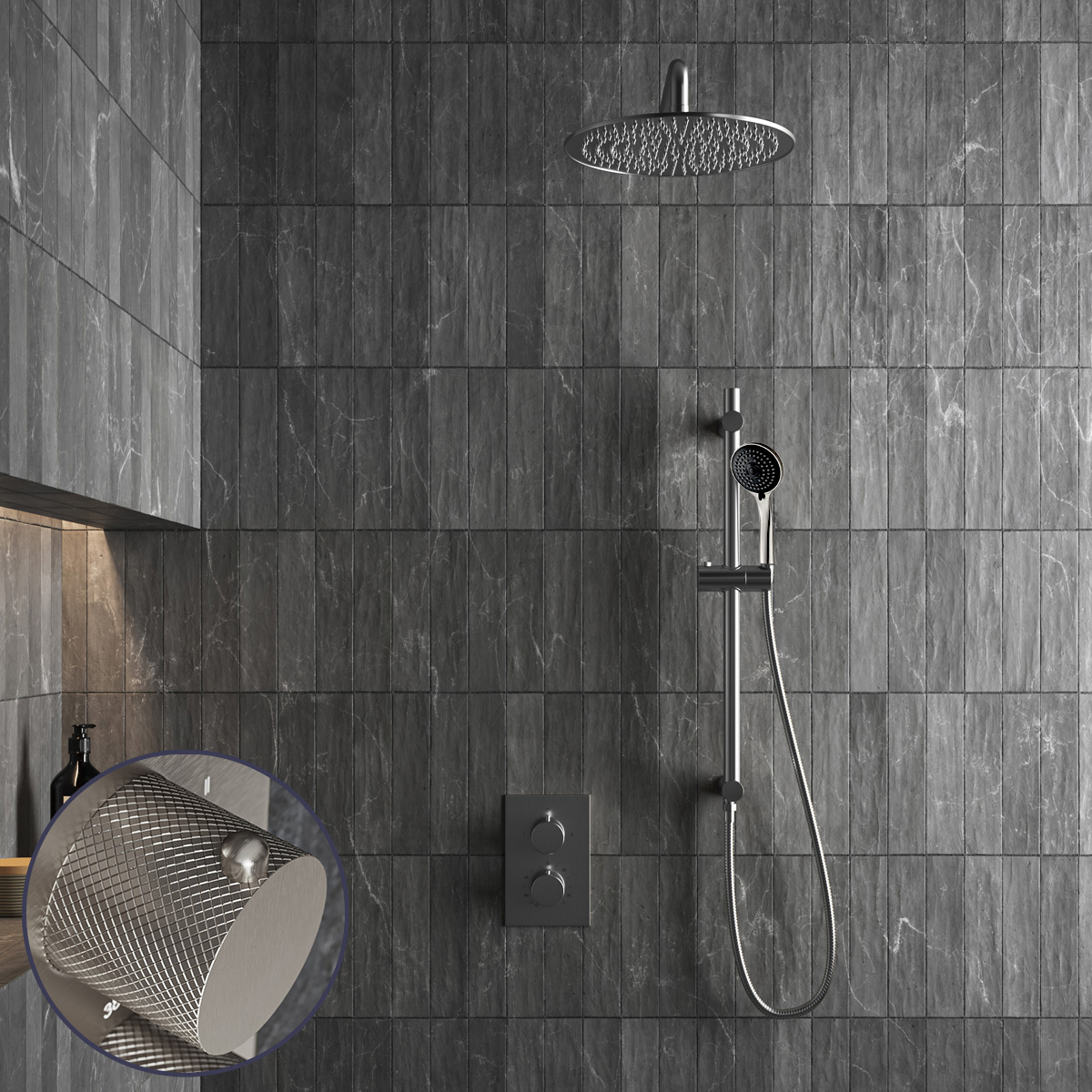 Saniclear Exclusive Curved inbouw regendouche met 30cm hoofddouche, muurarm, 3 standen handdouche en glijstang RVS