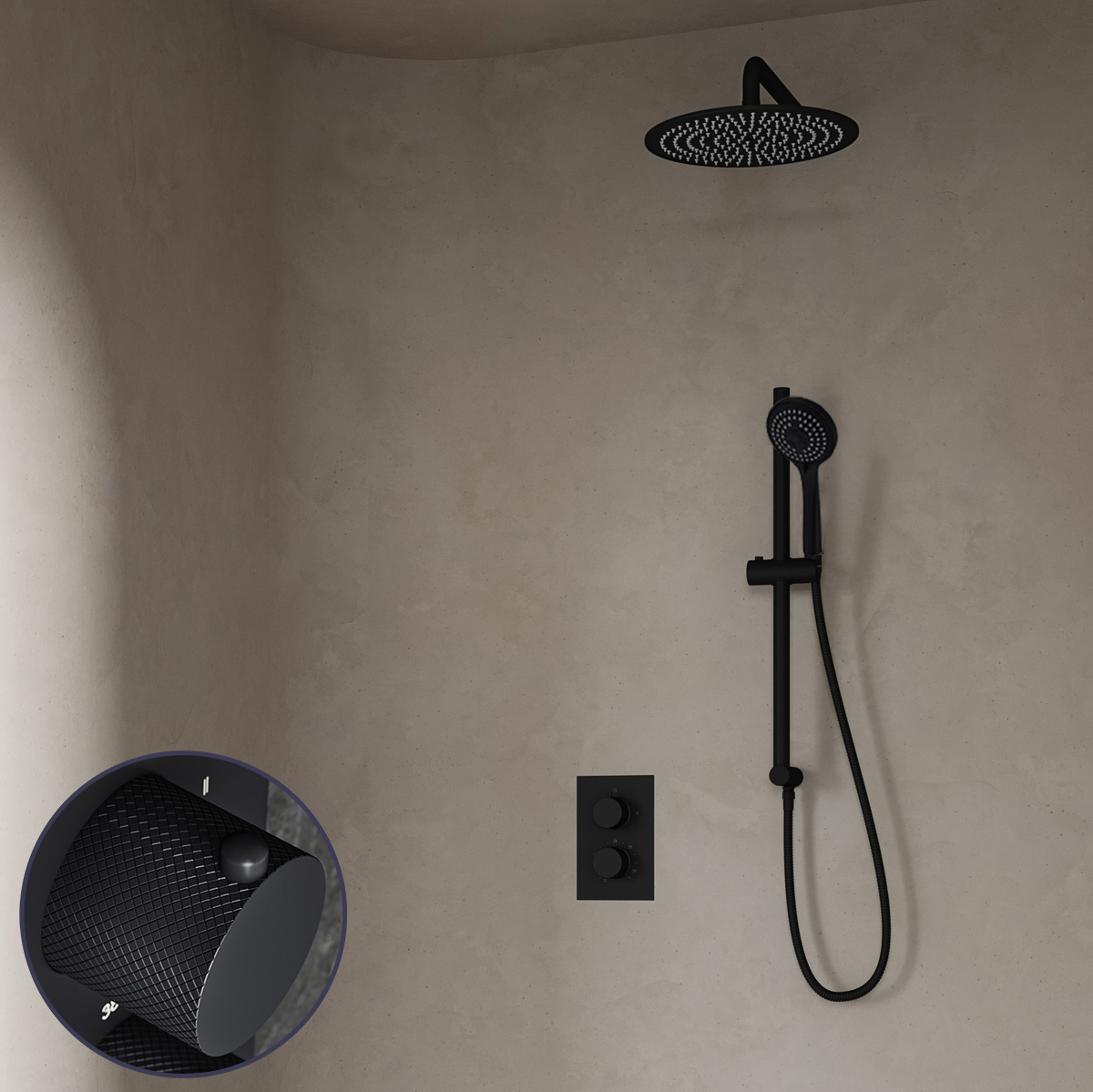 Saniclear Nero Curved inbouw regendouche met 30cm hoofddouche, muurarm, 3 standen handdouche en glijstang zwart mat