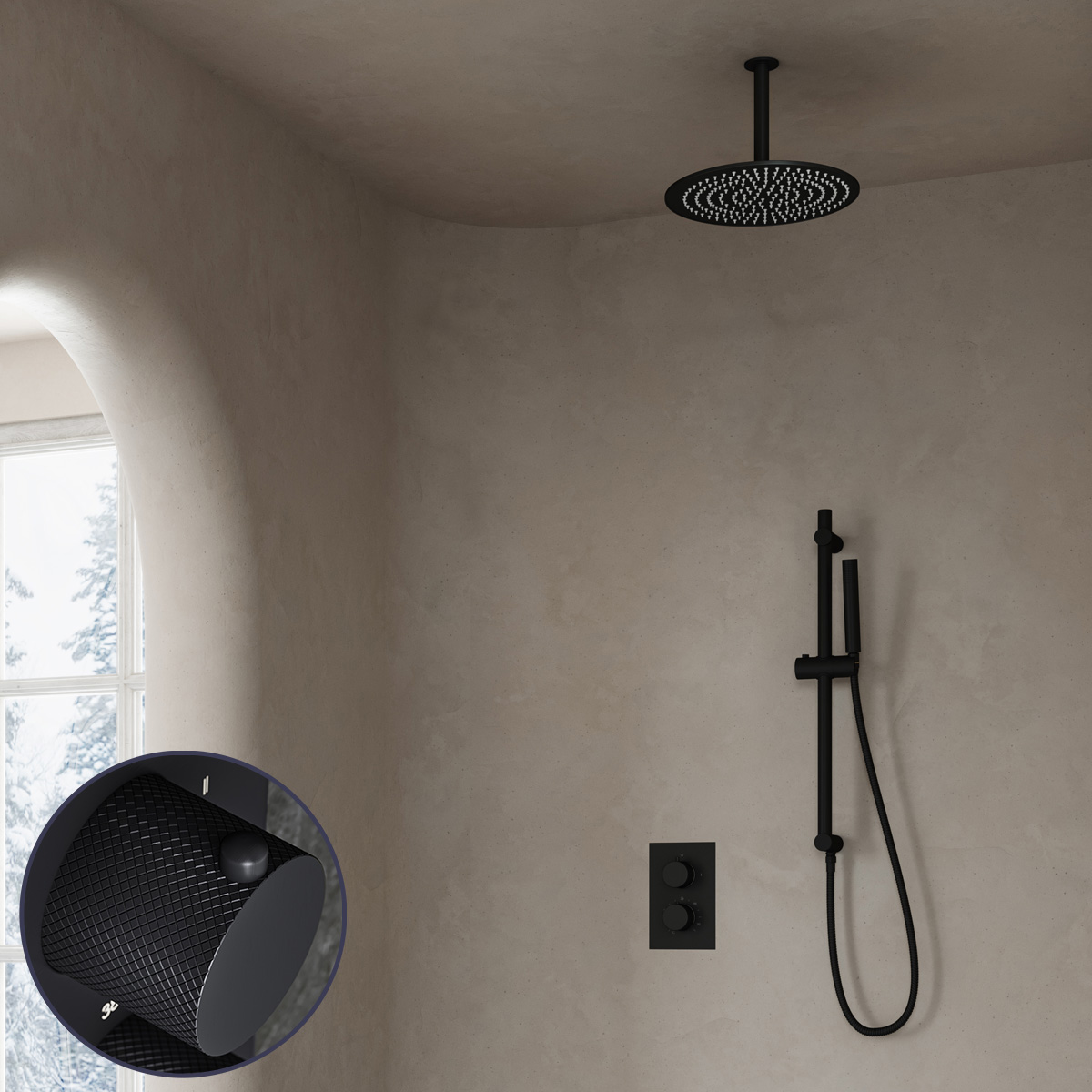 Saniclear Nero Curved inbouw regendouche met 30cm hoofddouche, plafondarm en glijstang zwart mat
