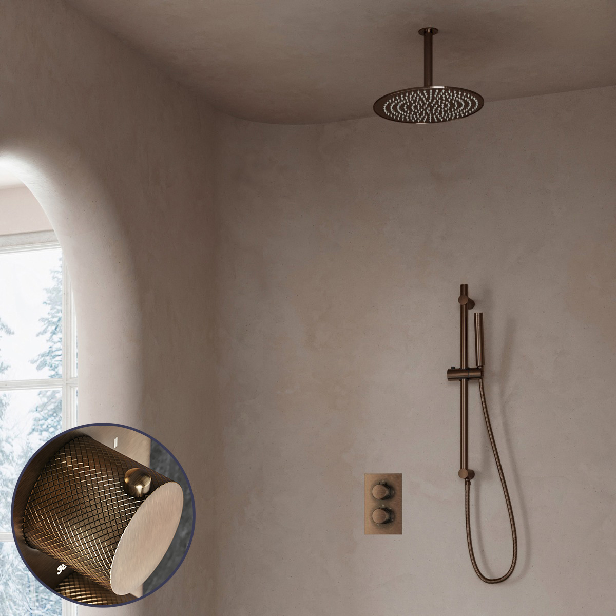 Saniclear Antique Curved inbouw regendouche met 30cm hoofddouche, plafondarm en glijstang verouderd messing