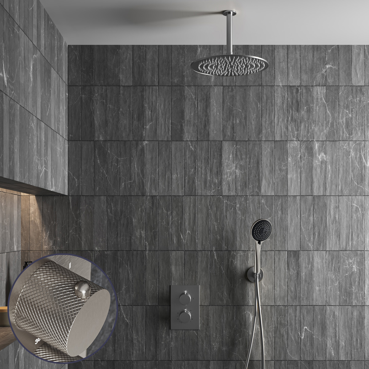 Saniclear Exclusive Curved inbouw regendouche met 30cm hoofddouche, plafondarm en 3 standen handdouche RVS