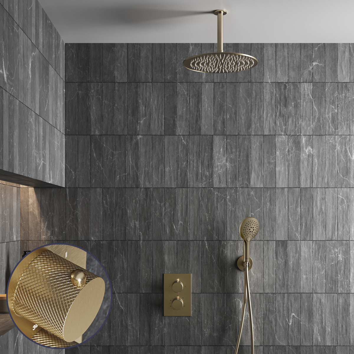 Saniclear Brass Curved inbouw regendouche met 30cm hoofddouche, plafondarm en 2 standen handdouche geborsteld messing - mat goud