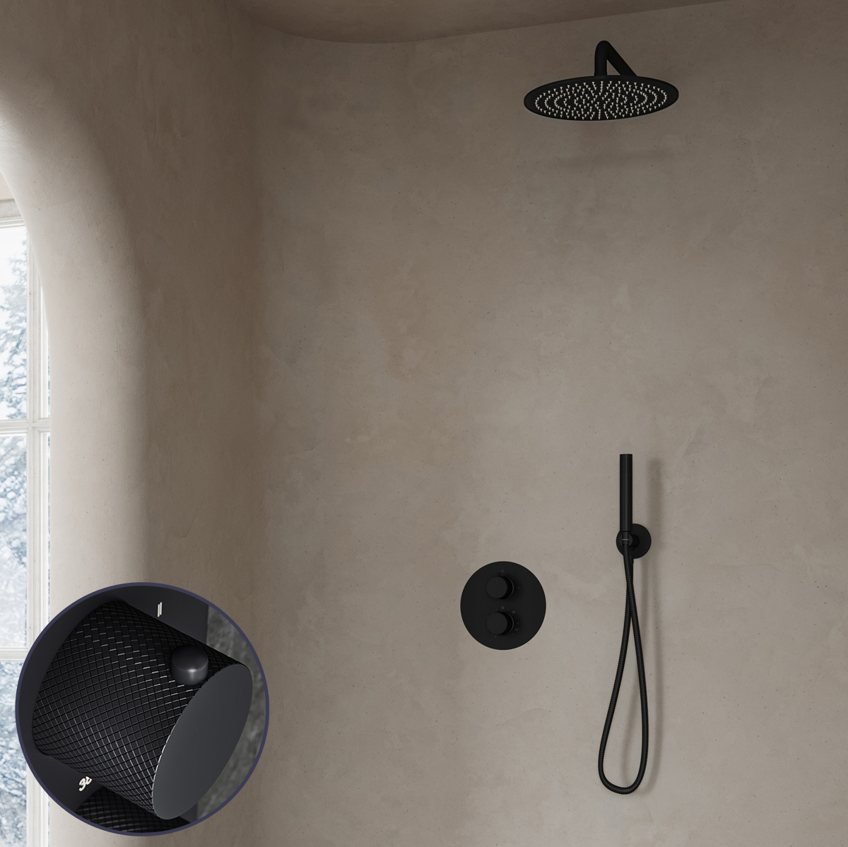 Saniclear Nero Curved inbouw regendouche rond met 30cm hoofddouche en muurarm zwart mat