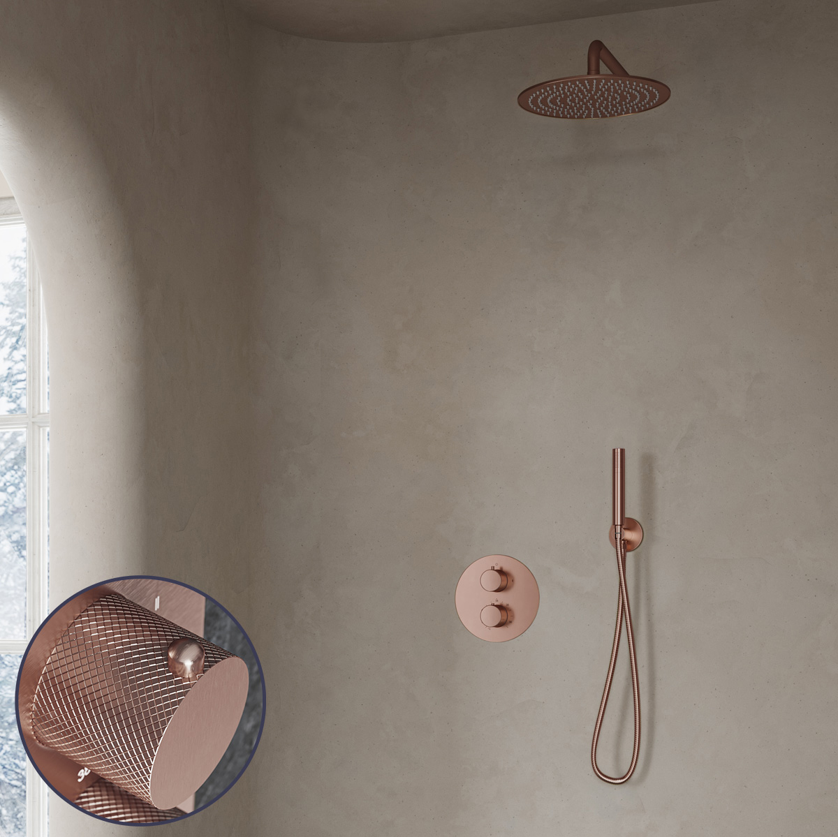 Saniclear Copper Curved inbouw regendouche rond met 30cm hoofddouche en muurarm geborsteld koper