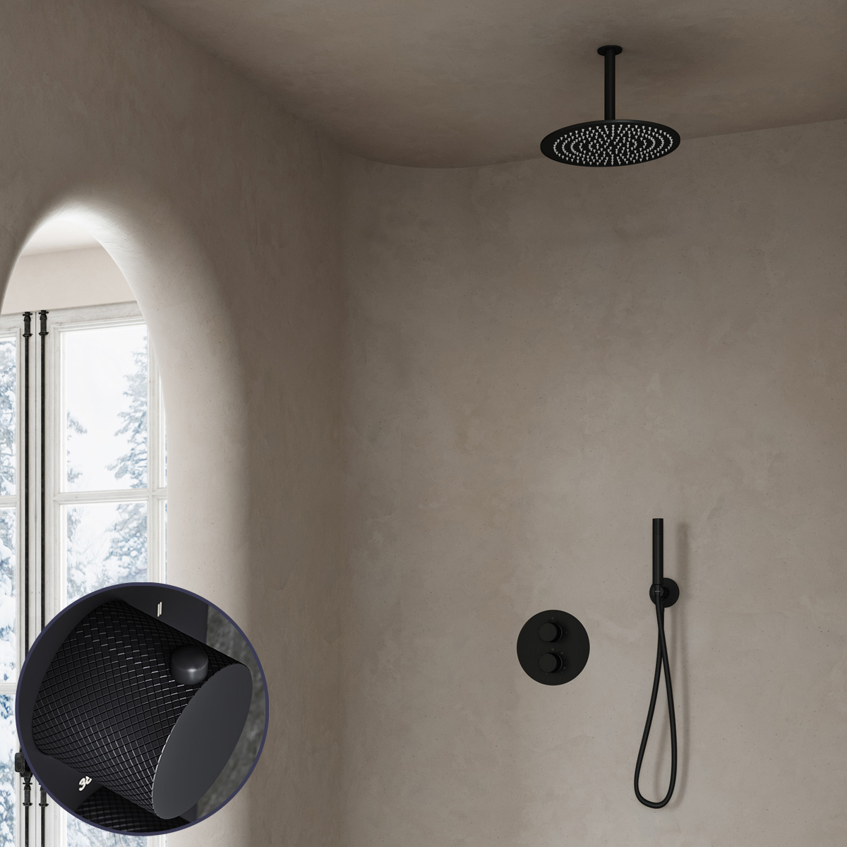 Saniclear Nero Curved inbouw regendouche rond met 30cm hoofddouche en plafondarm zwart mat