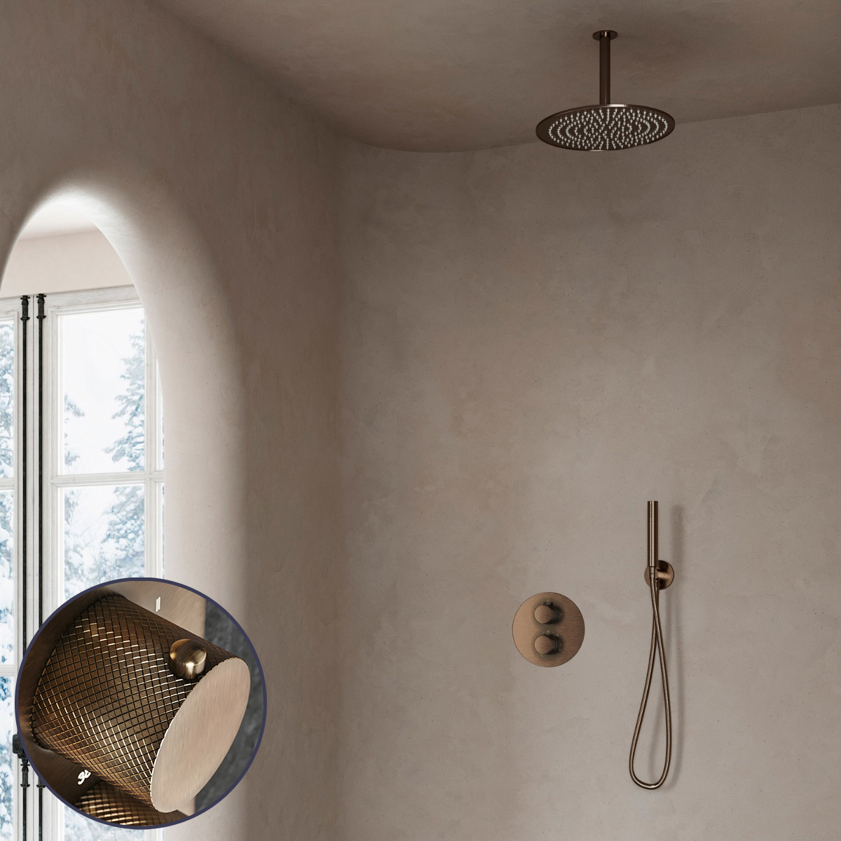 Saniclear Antique Curved inbouw regendouche rond met 30cm hoofddouche en plafondarm verouderd messing