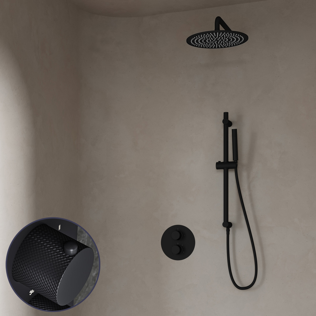 Saniclear Nero Curved inbouw regendouche rond met 30cm hoofddouche, muurarm en glijstang zwart mat