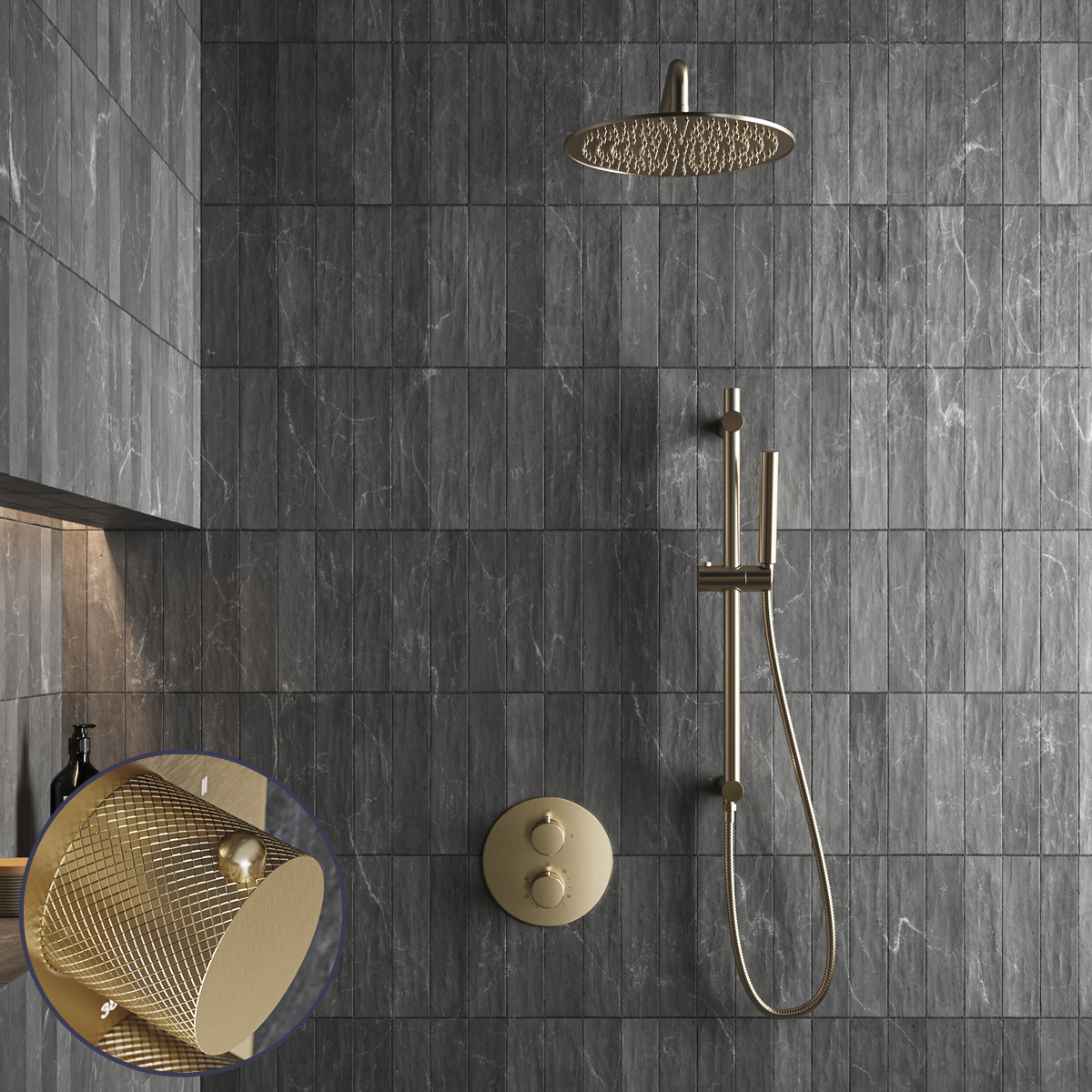 Saniclear Brass Curved inbouw regendouche rond met 30cm hoofddouche, muurarm en glijstang geborsteld messing - mat goud