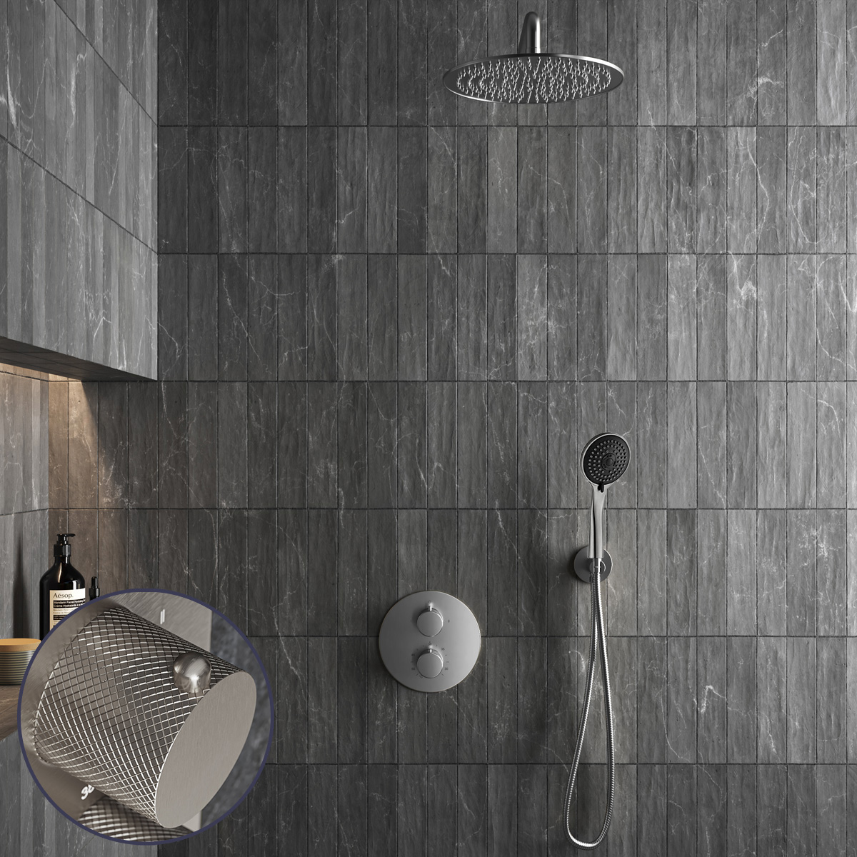 Saniclear Exclusive Curved inbouw regendouche rond met 20cm hoofddouche, muurarm en 3 standen handdouche RVS