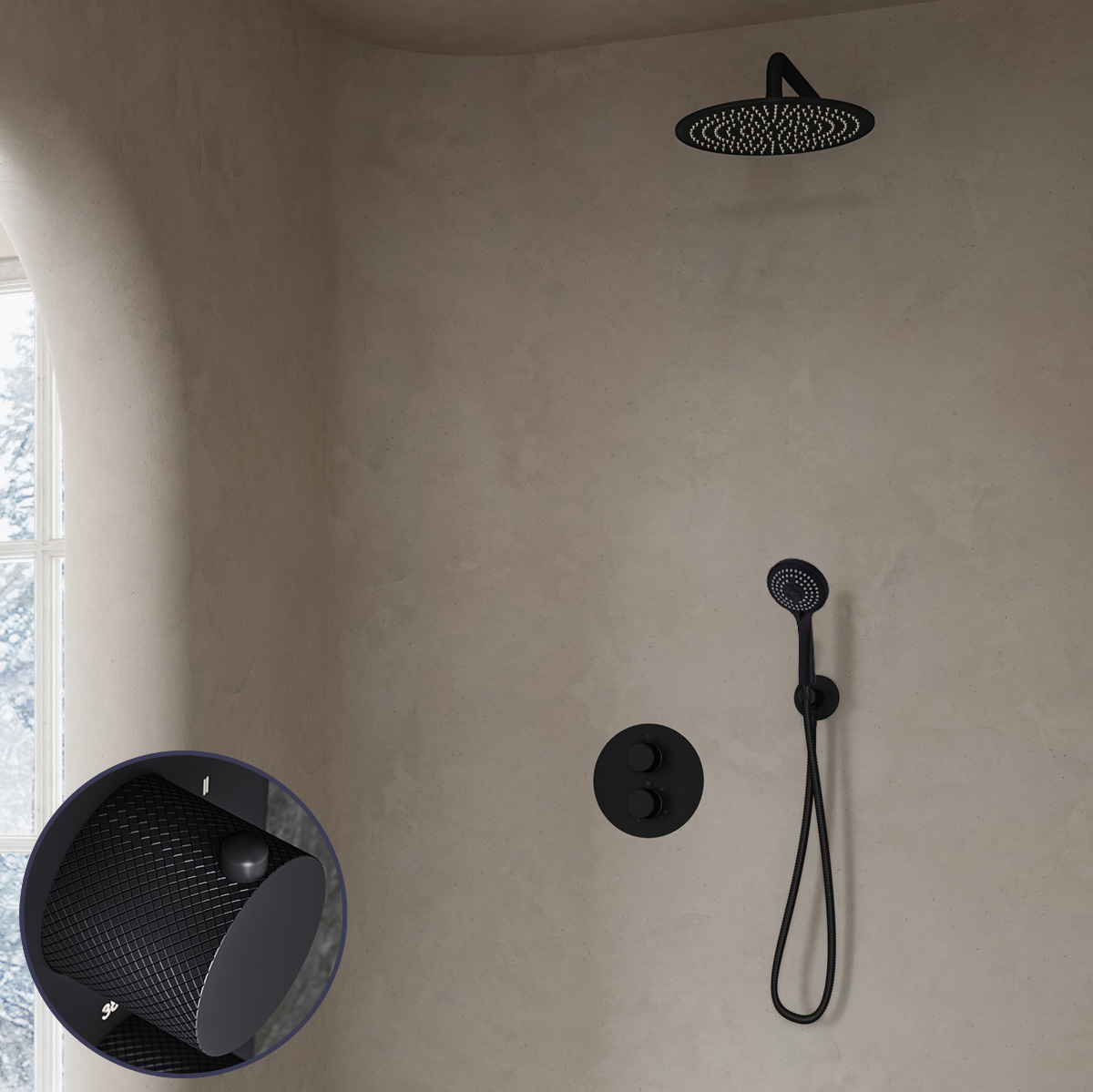 Saniclear Nero Curved inbouw regendouche rond met 30cm hoofddouche, muurarm en 3 standen handdouche zwart mat