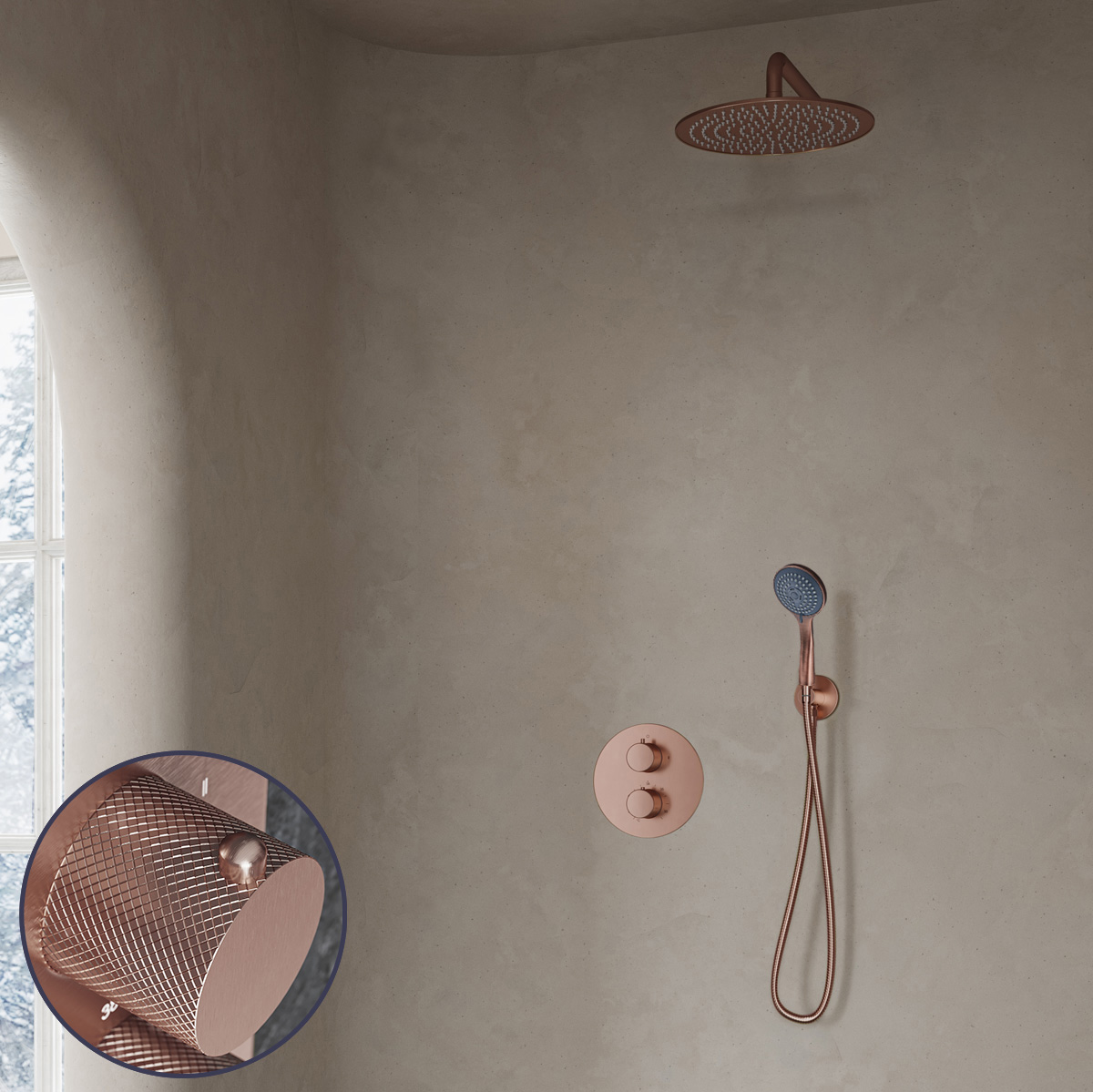 Saniclear Copper Curved inbouw regendouche rond met 30cm hoofddouche, muurarm en 3 standen handdouche geborsteld koper