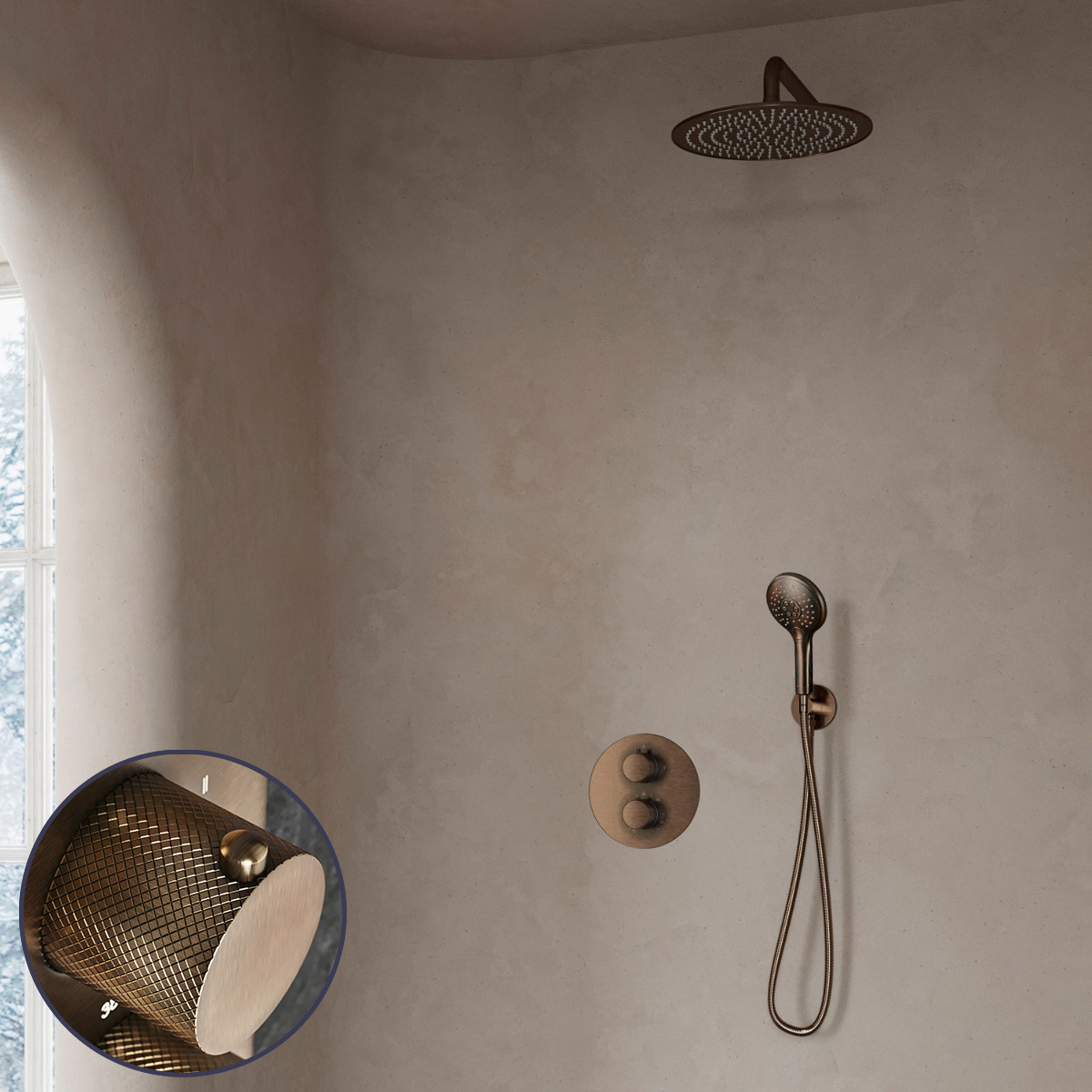 Saniclear Antique Curved inbouw regendouche rond met 30cm hoofddouche, muurarm en 2 standen handdouche verouderd messing