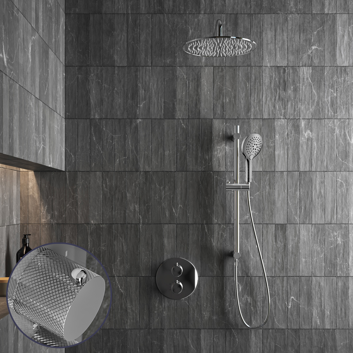 Saniclear Talpa Curved inbouw regendouche rond met 20cm hoofddouche, muurarm, 2 standen handdouche en glijstang chroom