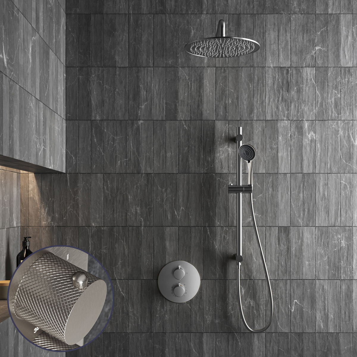 Saniclear Exclusive Curved inbouw regendouche rond met 30cm hoofddouche, muurarm, 3 standen handdouche en glijstang RVS