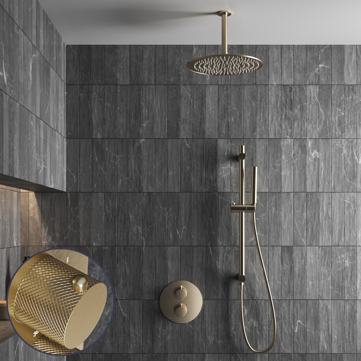 Saniclear Brass Curved inbouw regendouche rond met 20cm hoofddouche, plafondarm en glijstang geborsteld messing - mat goud