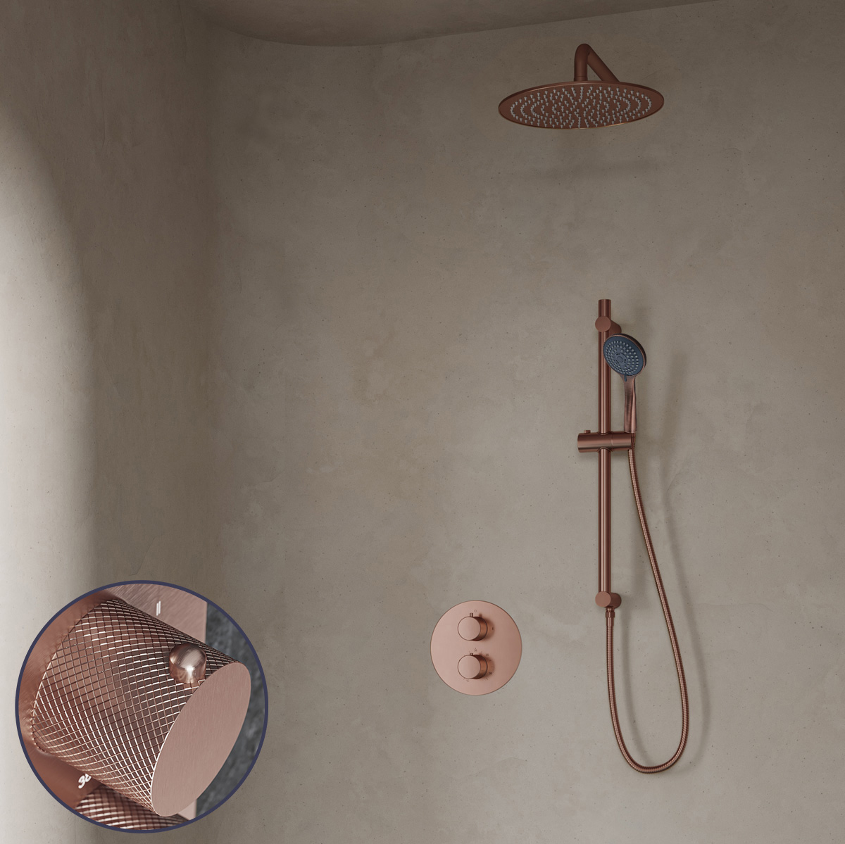 Saniclear Copper Curved inbouw regendouche rond met 30cm hoofddouche, muurarm, 3 standen handdouche en glijstang geborsteld koper