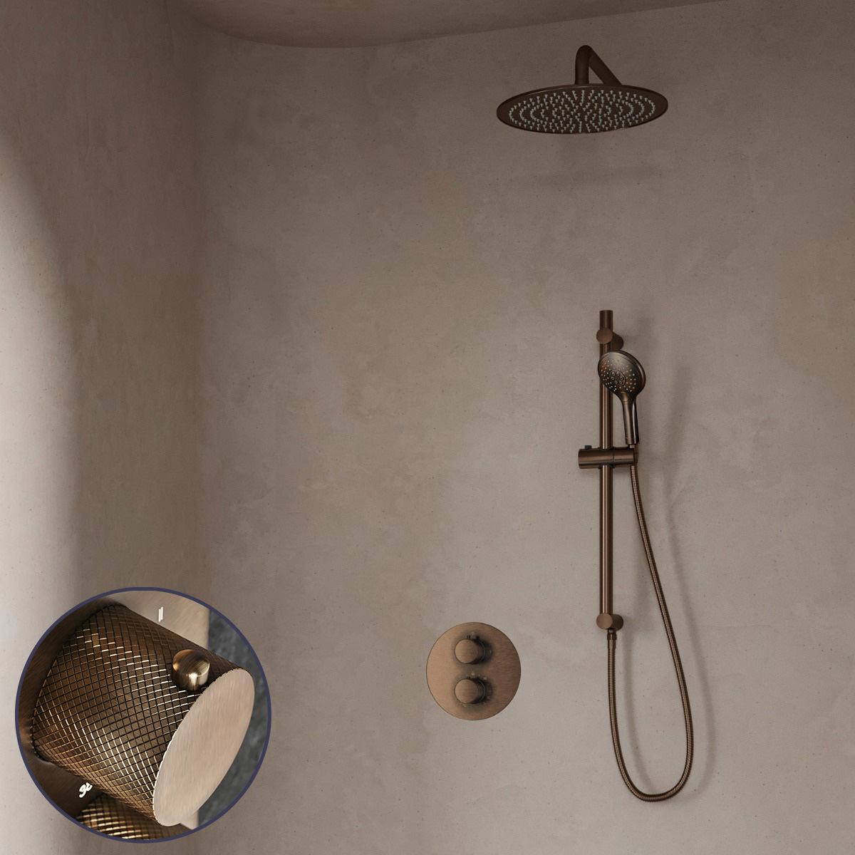 Saniclear Antique Curved inbouw regendouche rond met 30cm hoofddouche, muurarm, 2 standen handdouche en glijstang verouderd messing