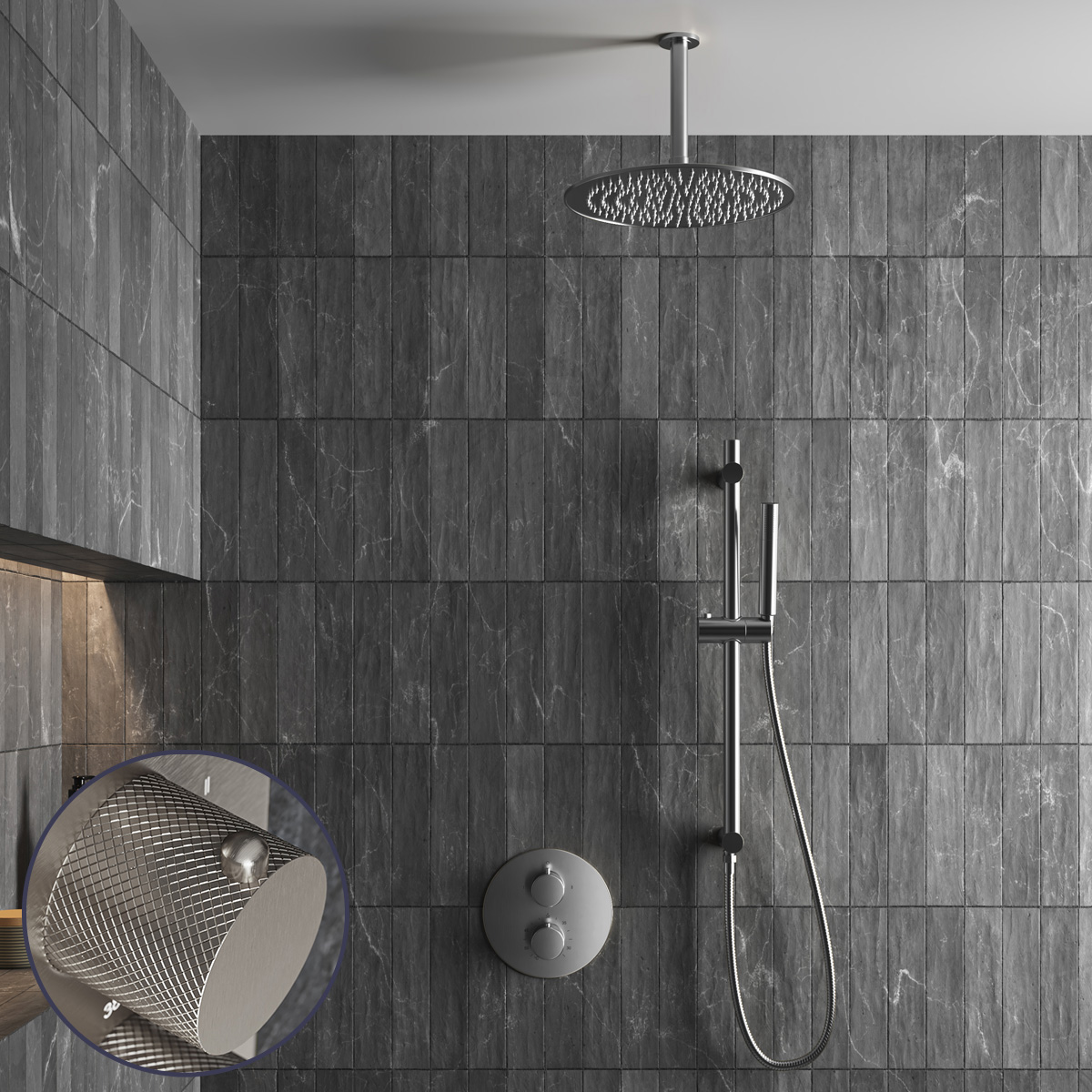 Saniclear Exclusive Curved inbouw regendouche rond met 30cm hoofddouche, plafondarm en glijstang RVS