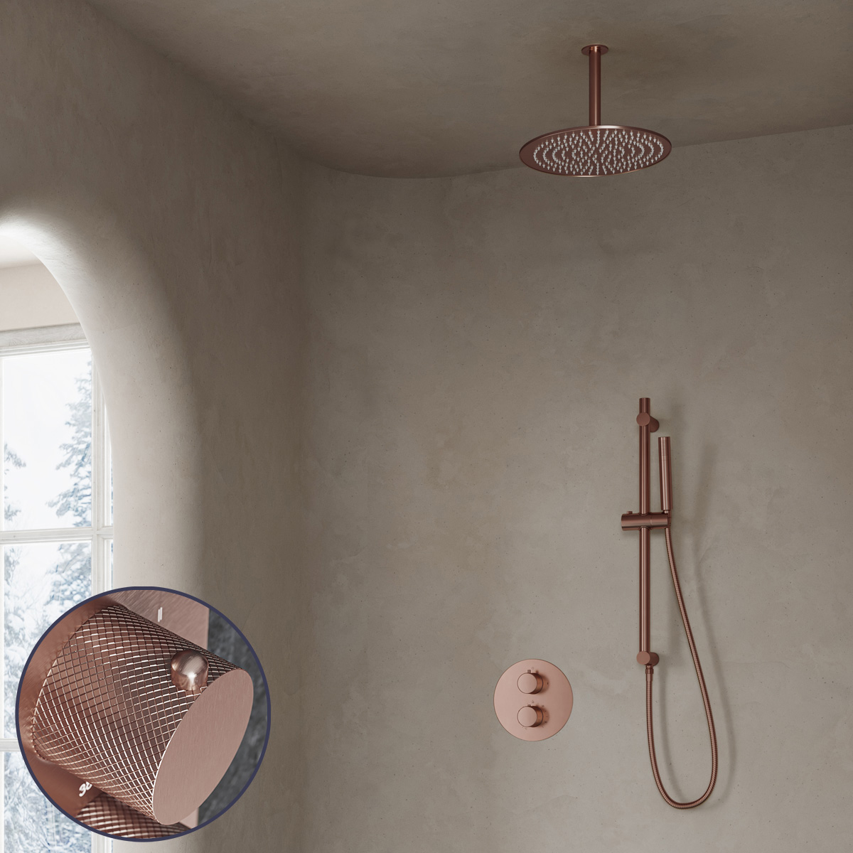 Saniclear Copper Curved inbouw regendouche rond met 30cm hoofddouche, plafondarm en glijstang geborsteld koper