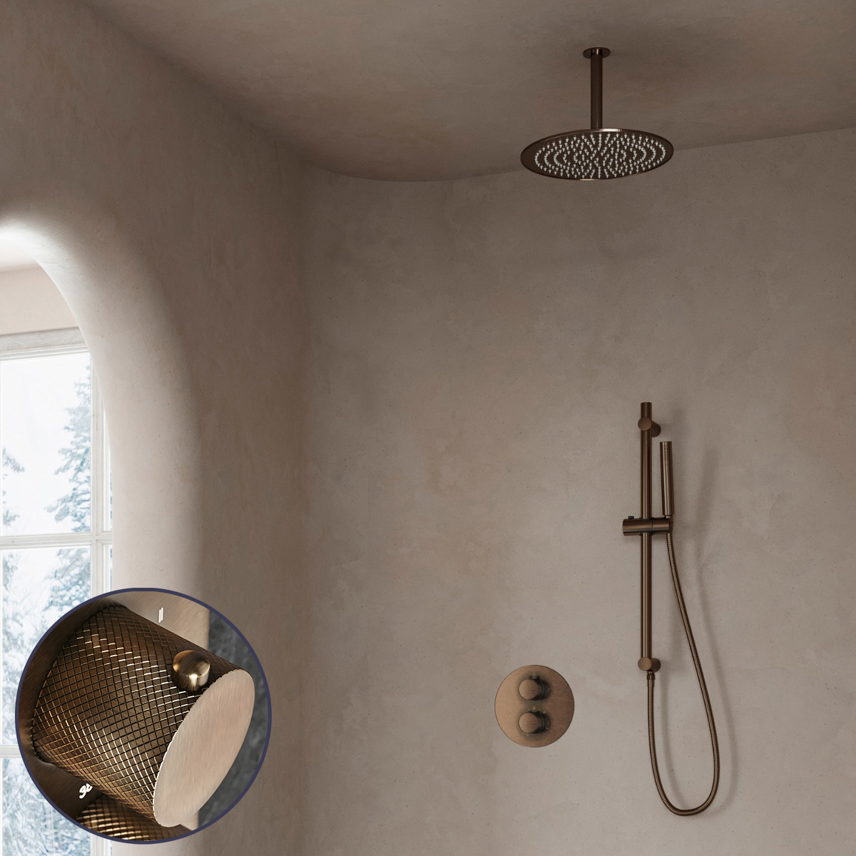 Saniclear Antique Curved inbouw regendouche rond met 30cm hoofddouche, plafondarm en glijstang verouderd messing