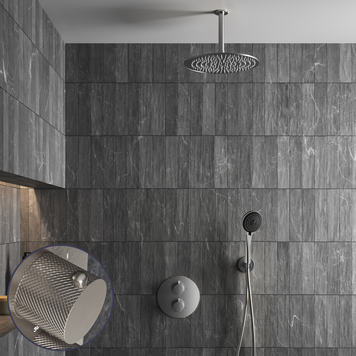 Saniclear Exclusive Curved inbouw regendouche rond met 30cm hoofddouche, plafondarm en 3 standen handdouche RVS