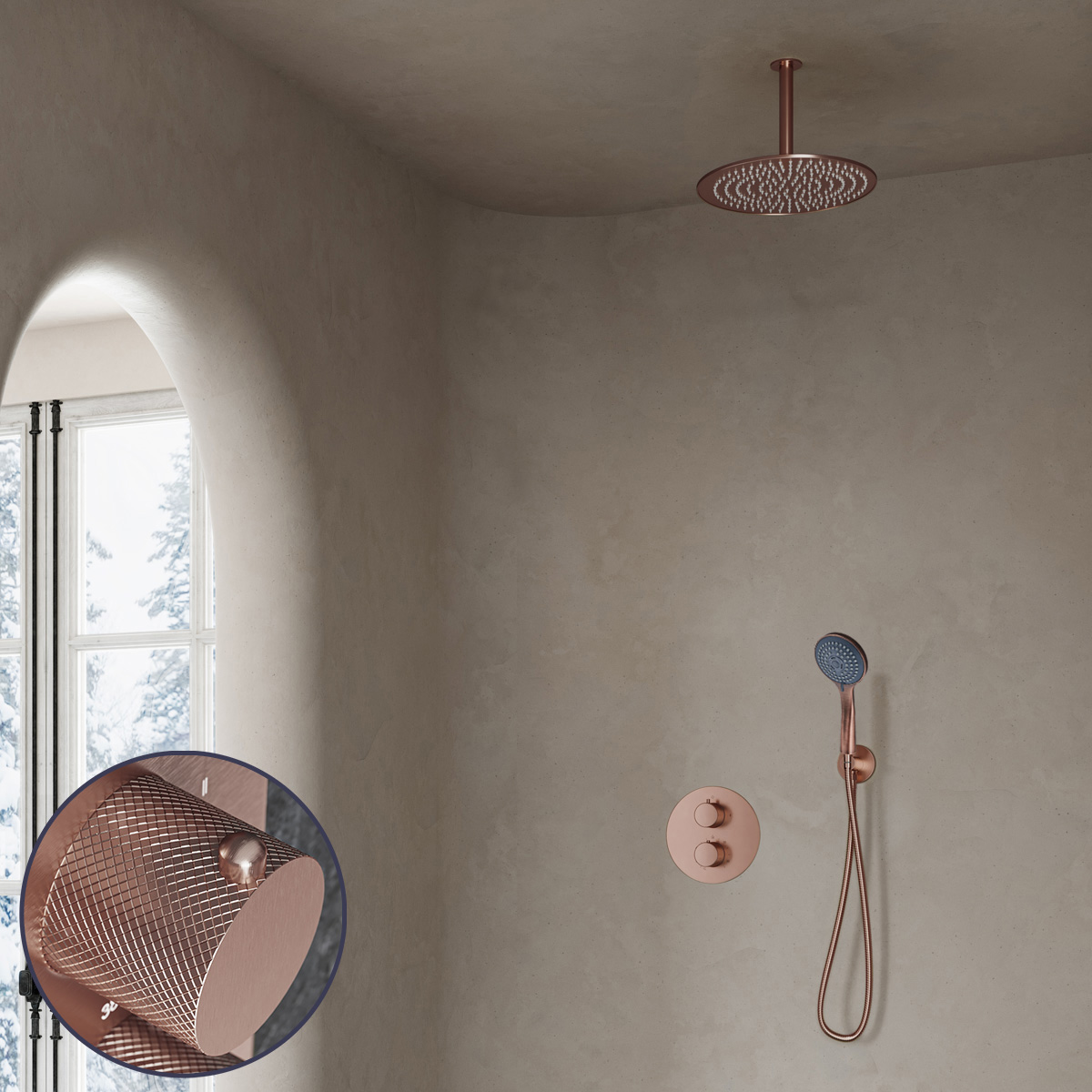 Saniclear Copper Curved inbouw regendouche rond met 30cm hoofddouche, plafondarm en 3 standen handdouche geborsteld koper