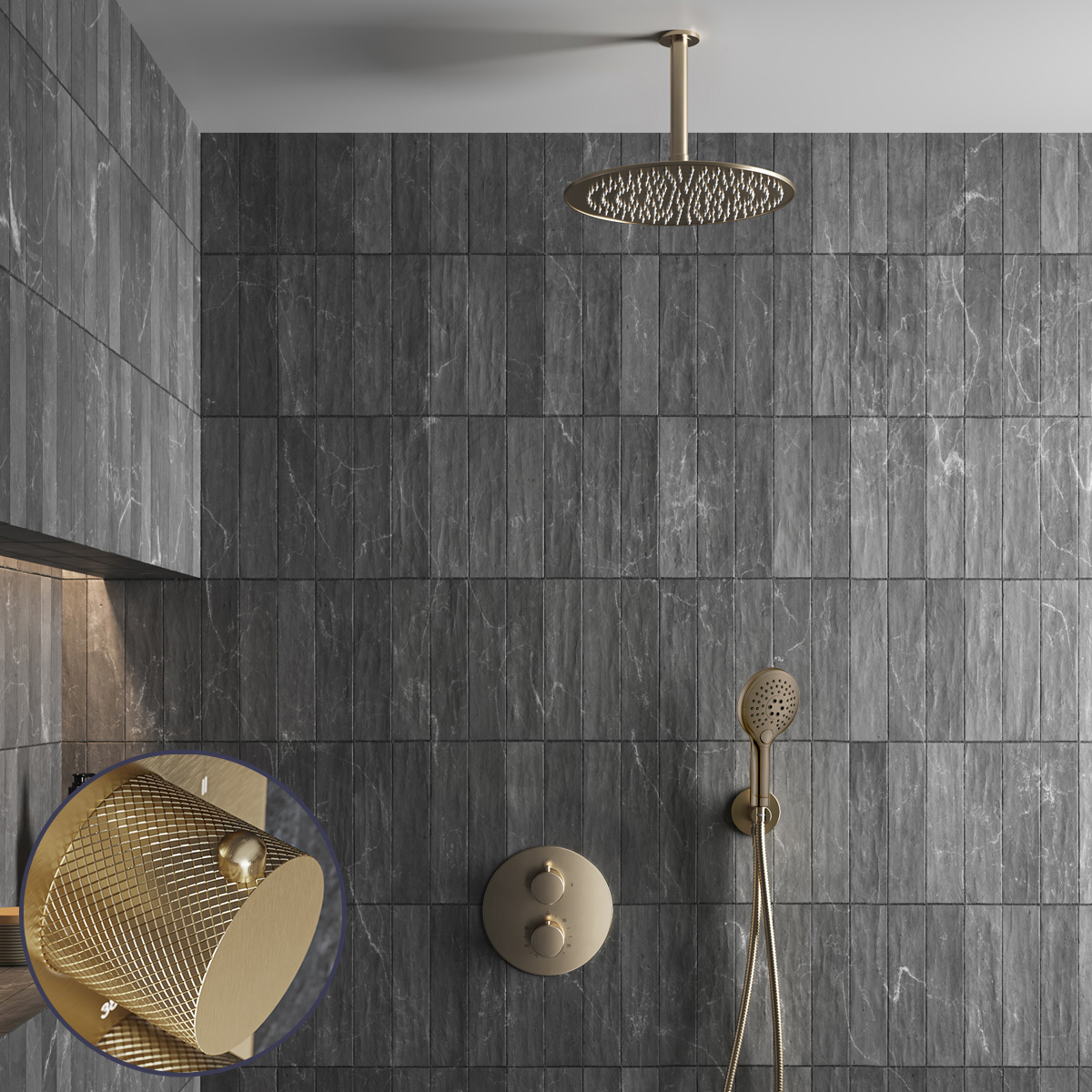 Saniclear Brass Curved inbouw regendouche rond met 30cm hoofddouche, plafondarm en 2 standen handdouche geborsteld messing - mat goud