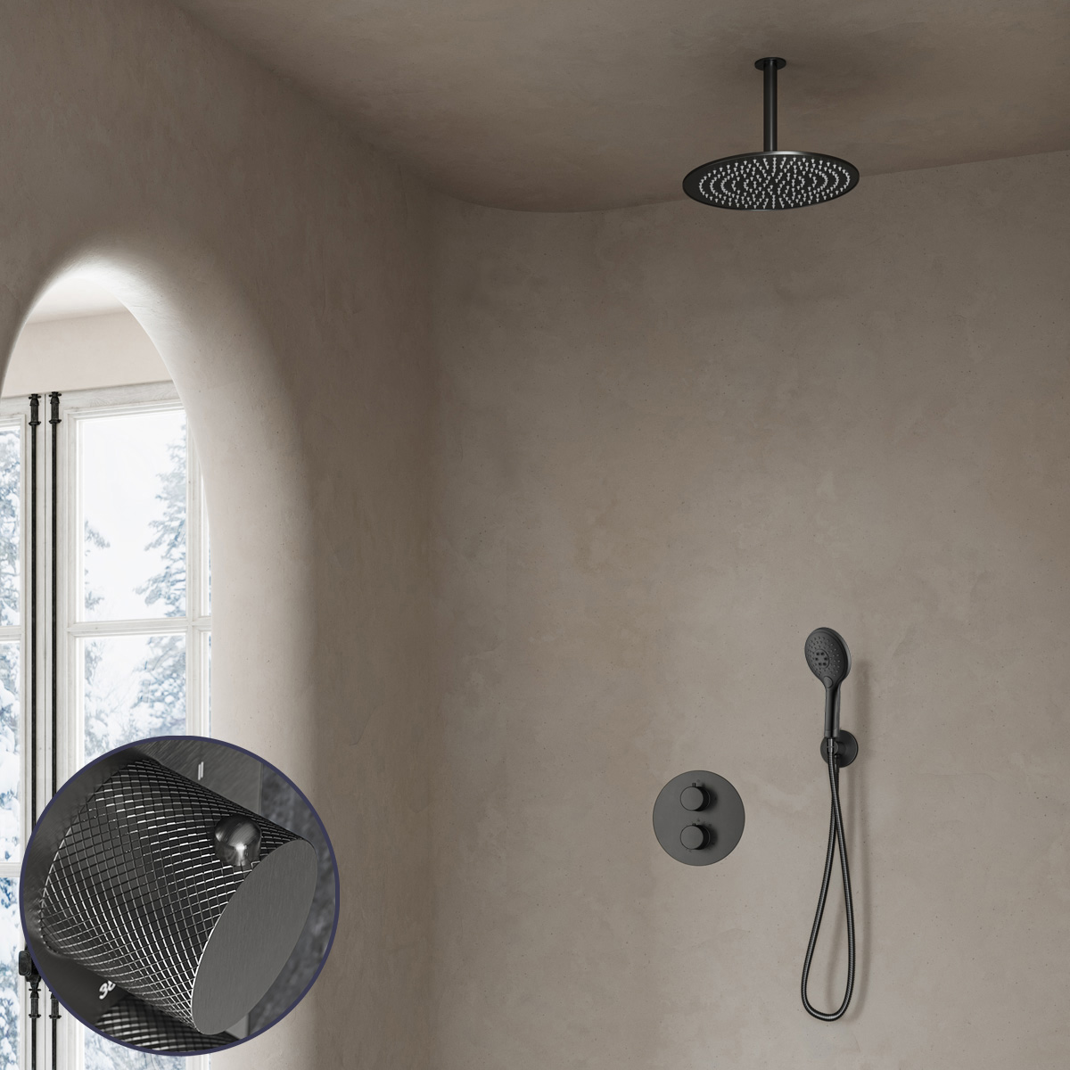 Saniclear Iron Curved inbouw regendouche rond met 30cm hoofddouche, plafondarm en 2 standen handdouche verouderd ijzer - gunmetal