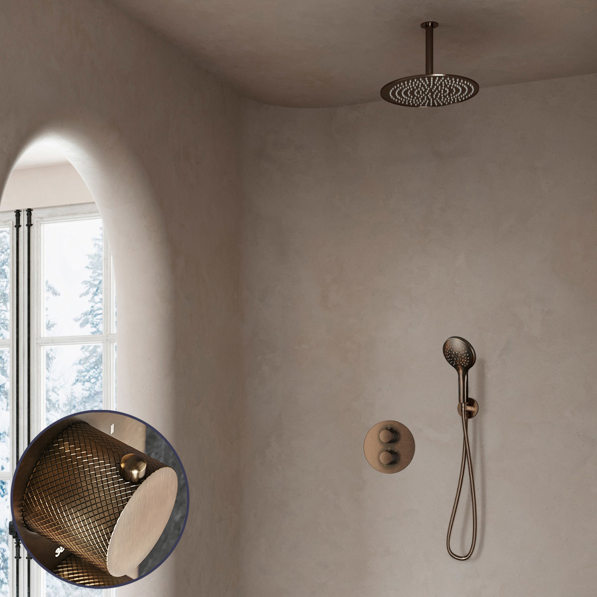 Saniclear Antique Curved inbouw regendouche rond met 30cm hoofddouche, plafondarm en 2 standen handdouche verouderd messing