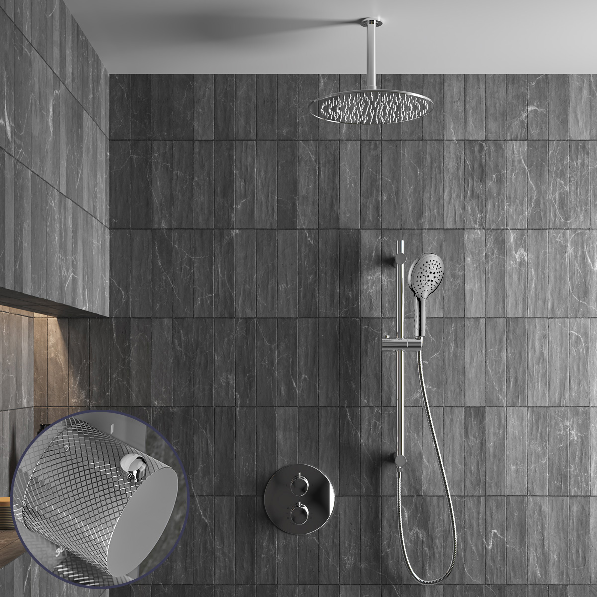 Saniclear Talpa Curved inbouw regendouche rond met 30cm hoofddouche, plafondarm, 2 standen handdouche en glijstang chroom