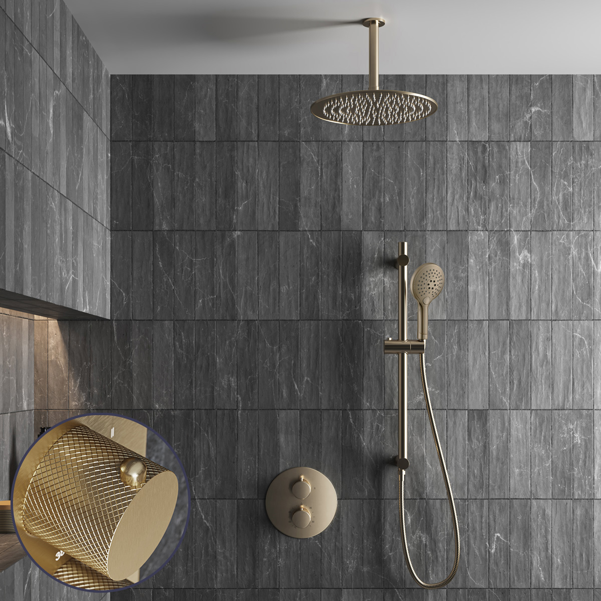Saniclear Brass Curved inbouw regendouche rond met 30cm hoofddouche, plafondarm, 2 standen handdouche en glijstang geborsteld messing - mat goud