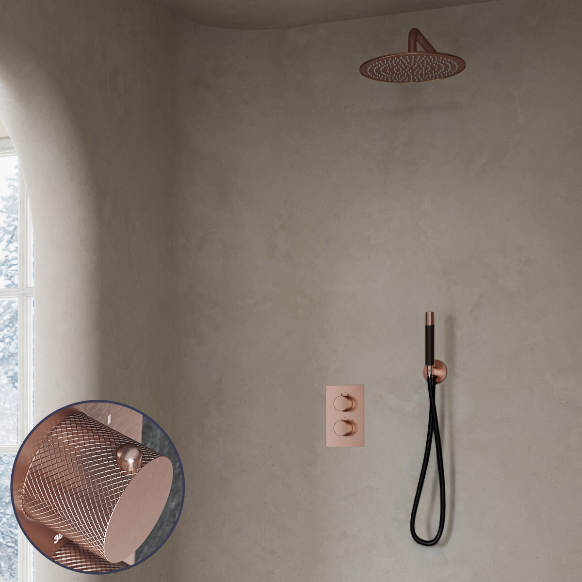 Saniclear Copper Curved Pro inbouw regendouche met 30cm hoofddouche en muurarm geborsteld koper