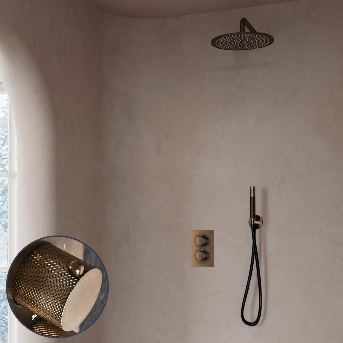 Saniclear Antique Curved Pro inbouw regendouche met 30cm hoofddouche en muurarm verouderd messing