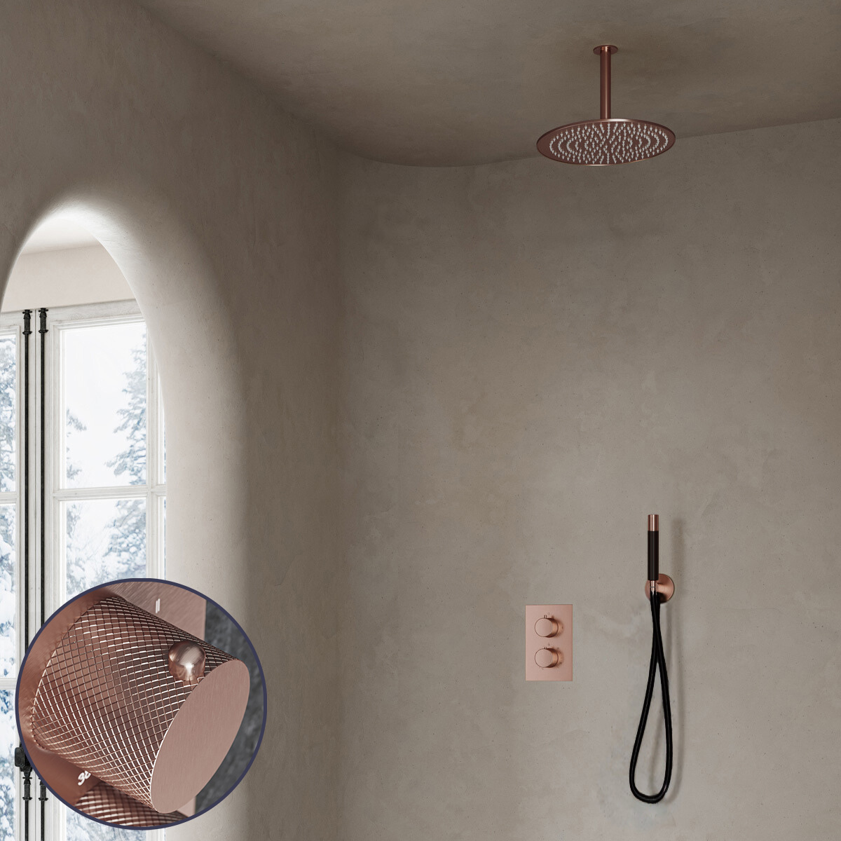 Saniclear Copper Curved Pro inbouw regendouche met 30cm hoofddouche en plafondarm geborsteld koper