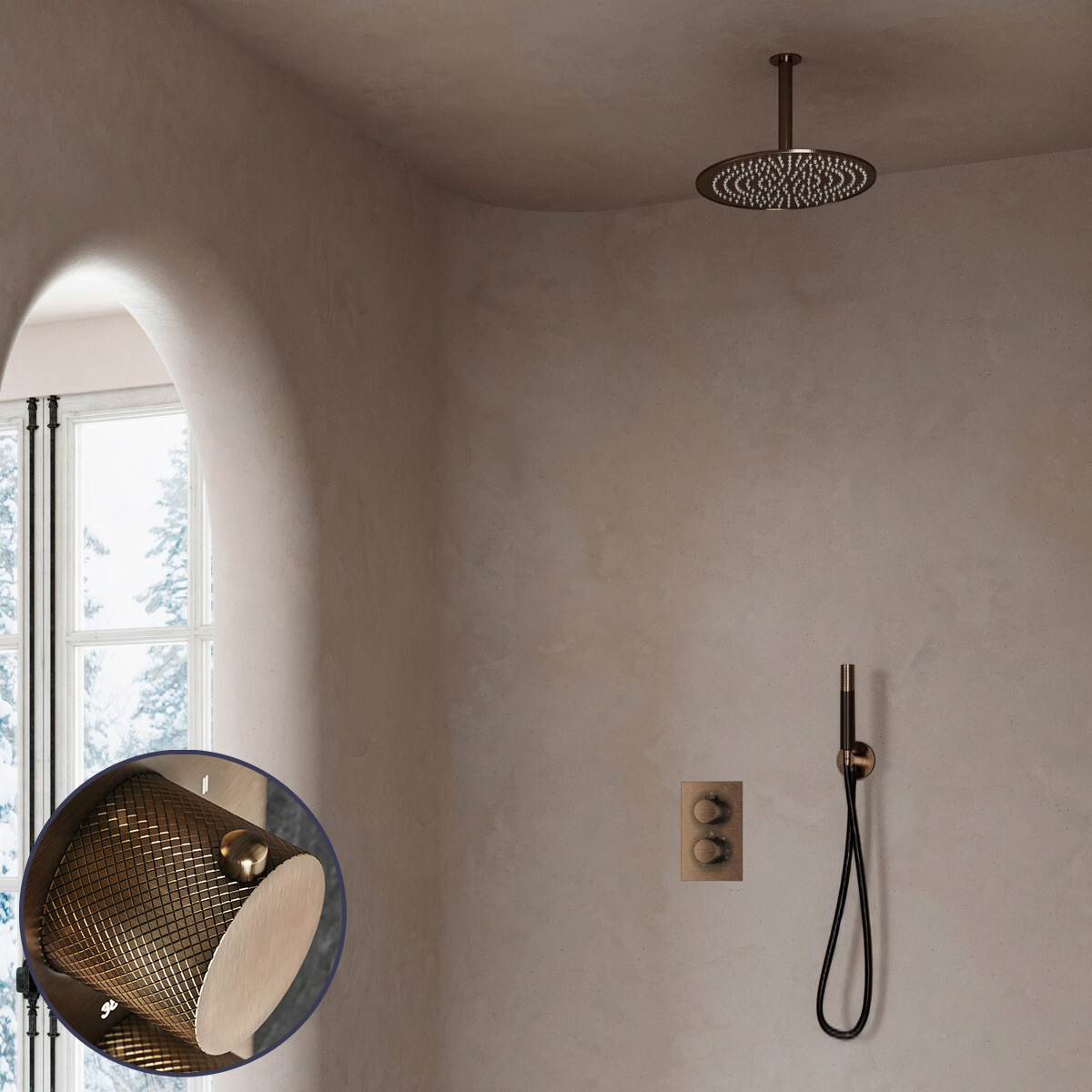 Saniclear Antique Curved Pro inbouw regendouche met 30cm hoofddouche en plafondarm verouderd messing