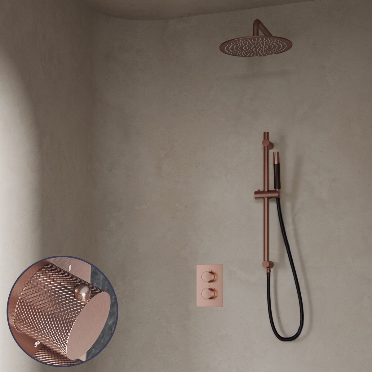 Saniclear Copper Curved Pro inbouw regendouche met 30cm hoofddouche, muurarm en glijstang geborsteld koper